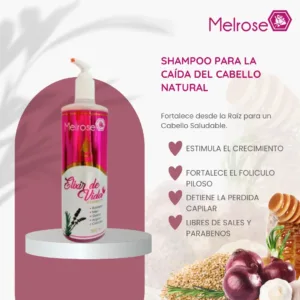 Botella de shampoo para la caída del cabello natural con ingredientes orgánicos, ideal para fortalecer y revitalizar el cabello