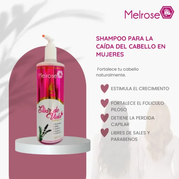 Botella de shampoo para la caída del cabello en mujeres con ingredientes naturales para fortalecer y revitalizar el cuero cabelludo