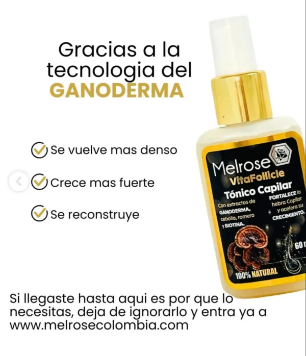 VitaFollicle es un tónico capilar innovador diseñado para acelerar el crecimiento del cabello, reducir la caída y mejorar la salud del cuero cabelludo. Su fórmula exclusiva con Ganoderma, un ingrediente natural único en el mercado colombiano, revitaliza el cabello desde la raíz, dándole volumen, densidad y fuerza. ¡Sin minoxidil! Perfecto para hombres y mujeres que buscan un cabello más saludable y denso. Con VitaFollicle, lograrás un cabello más fuerte, voluminoso y lleno de vida en poco tiempo.