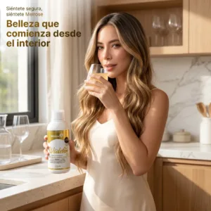 Mujer tomando Colágeno Hidrolizado Wodefen de Melrose para fortalecer cabello, piel, uñas y articulaciones